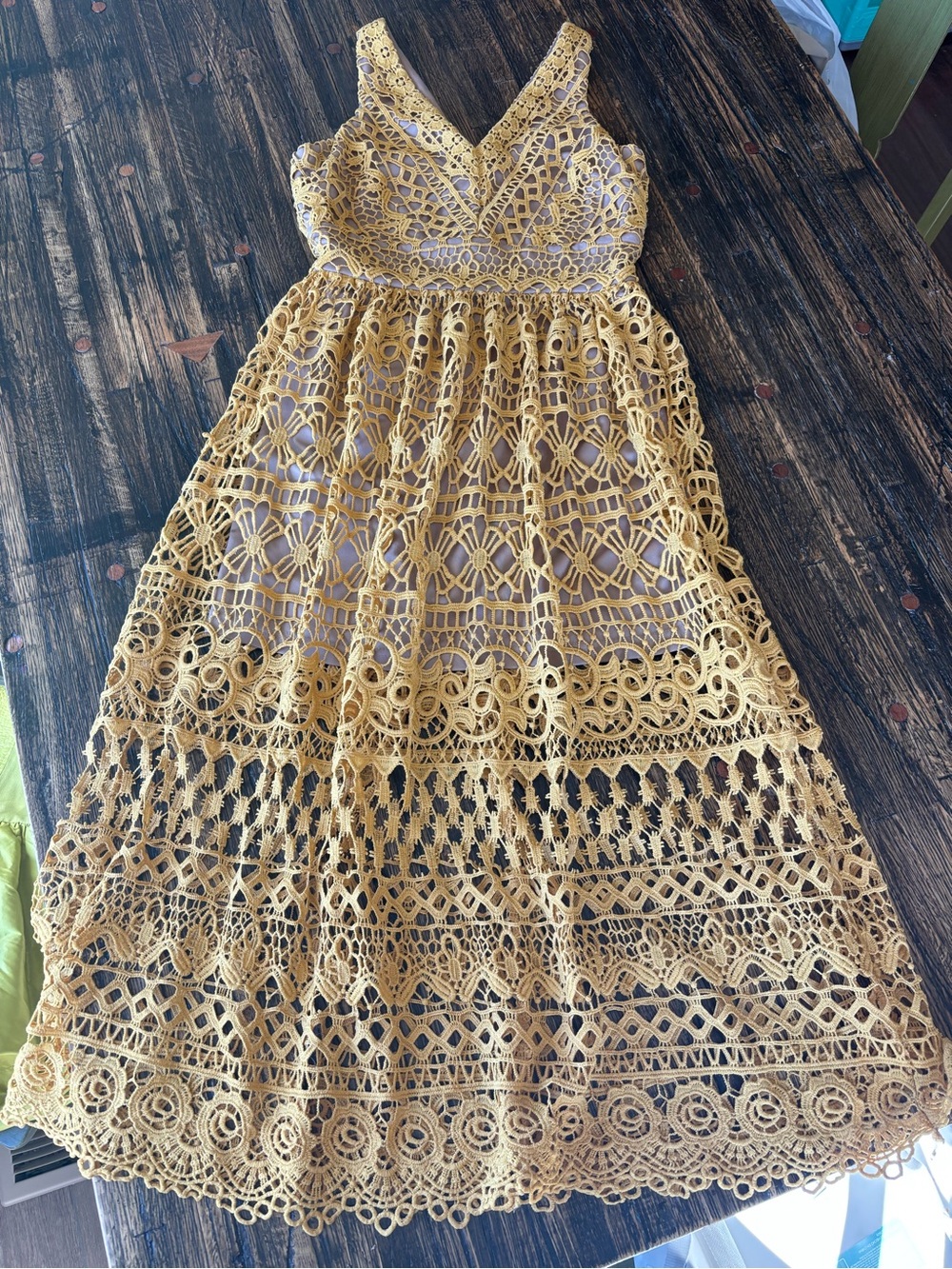 Altar'd State Mustard Crochet Lace Midi Dress